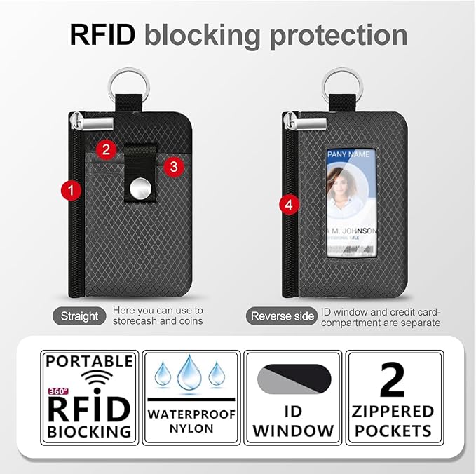 Minimalist RFID Blocking Small Wallet with ID Window,WaterResistant Zip Id Case Wallet with Lanyard Keychain for Cards,Cash,Travel,Women,Men (DarkGrey/Black)