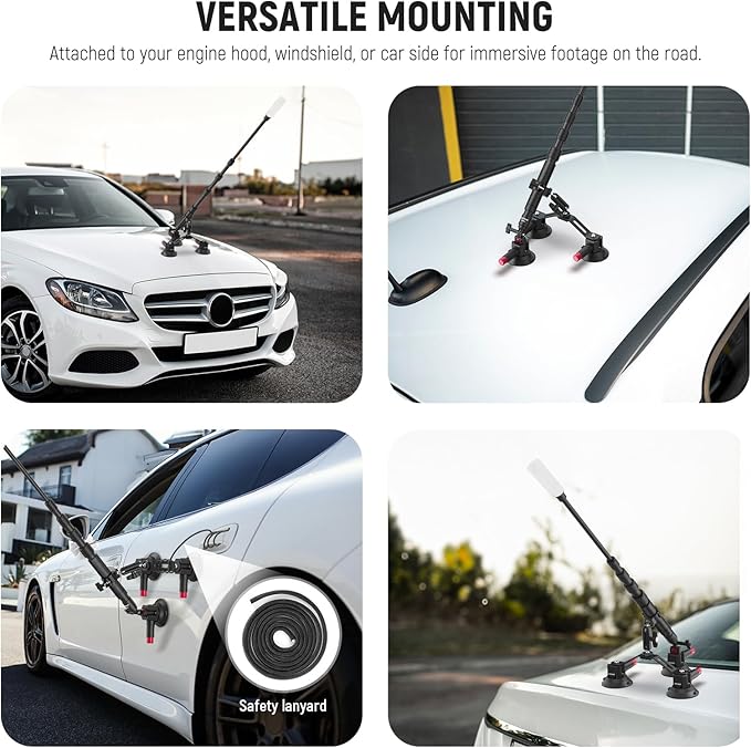 NEEWER Triple Suction Cup Car Mount Compatible with Insta360 X5 X4 GoPro DJI OSMO 360 Cameras, Quick Release Outside Windshield Magic Arm Mount Kit with 2 in 1 Extension Pole/Selfie Stick, CA065