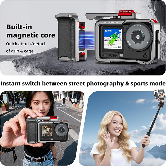 Action 6 Grip Kit (with Metal Cage), Aluminum Alloy Camera Handle Bundle Expansion Mount with Shutter Button, Quick Release, Cold Shoe, 1/4" Threaded Hole for DJI Osmo Action 6 Accessories