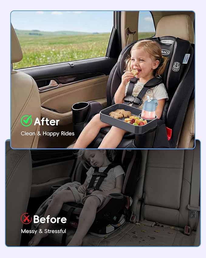 Toddler Car Seat Snack Tray - 3 Inch Cup Holder with Dip Well Fits Most Sippy Cups & Straw Bottles, Mess-Free Square Kids Travel Tray Road Trip Essentials, Dark Grey