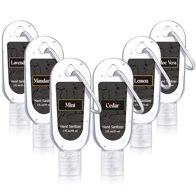 6 Pcs Mini Hand Sanitizer Travel Size with Carabiner Clip 2 Fl. oz Gel Mix Scent Pocket Hand Sanitizer with Keychain Bulk for Backpack Purse Gym Bag Office Outdoor Friend Coworker Travel Gifts