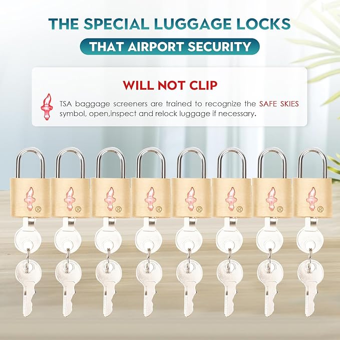8 Pack Luggage Locks - TSA Approved + Key Padlock, Travel Locks for Suitcase, Carry On, Backpack, Laptop Bag. Gold