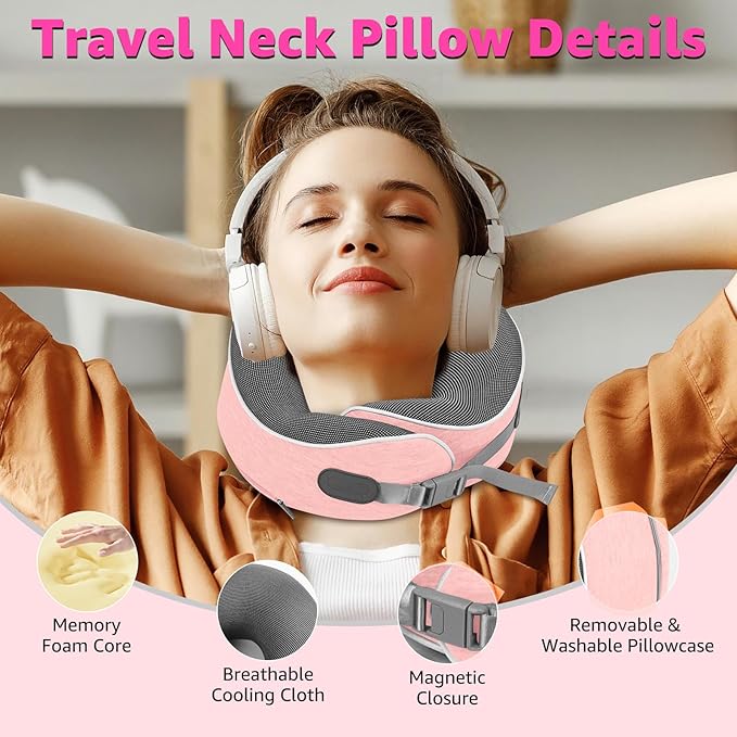 Travel Pillows for Airplanes Ergonomic Memory Foam Neck Pillow for Travel - 360° Head & Neck Support for Sleeping on Flights, Cars, Trains & Office (Pink-1)