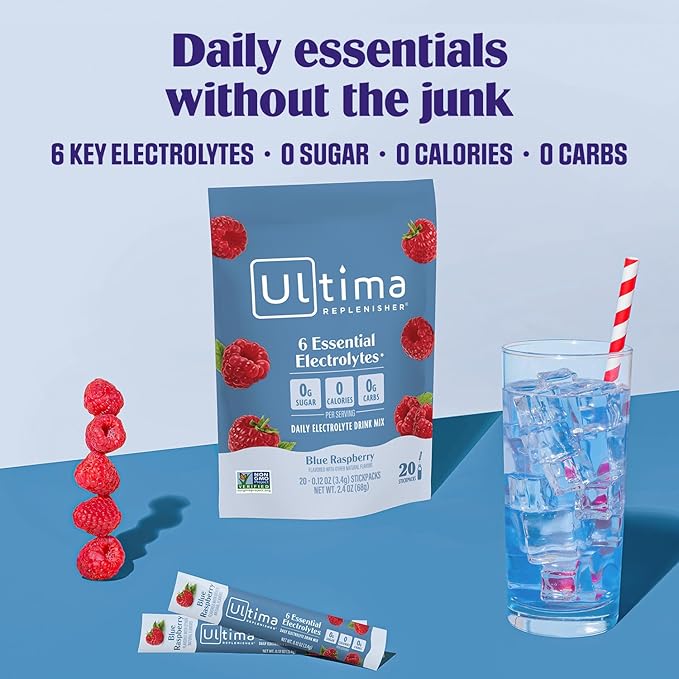 Ultima Replenisher Daily Electrolyte Powder – Blue Raspberry, 20 Stickpacks – Zero Sugar Hydration Packets with 6 Electrolytes and Minerals – Sugar Free, Plant Based & Keto Friendly Drink Mix | Daily Electrolyte, Hydration Packets, 6 Electrolytes, Trac...