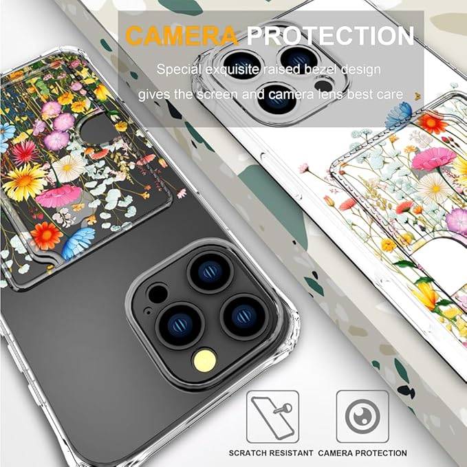 Compatible with iPhone 16 Pro Case Card Holder for Women Cute Design,Wallet Phone Cases Transparent Cool Kawaii Protective (Clear Flowers Herbs Wild Plants)