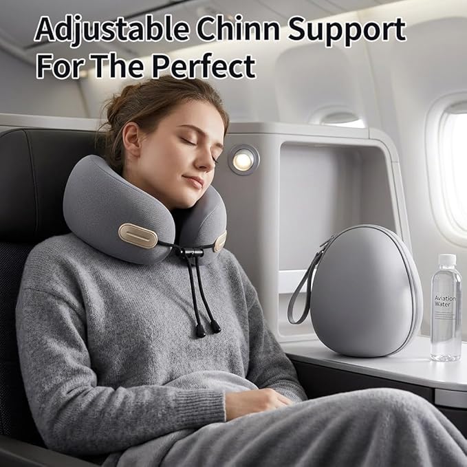 Travel Neck Pillow with Storage Case, 100% Pure Memory Foam, Airplane Head Support for Flight Sleeping, Portable, Gray