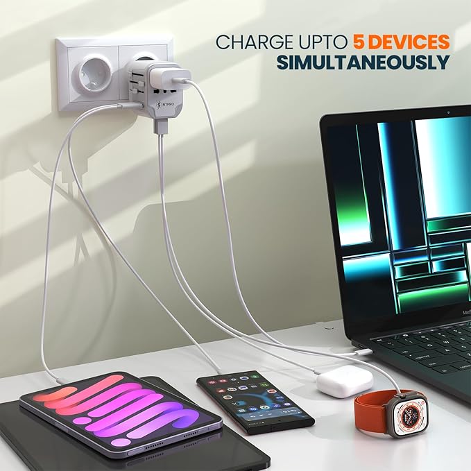 5 in 1 Universal Travel Adapter-10A | International Power Adapter with 2 USB C, 2 USB A Ports | 3.4A & 2400W Fast Portable Charger | Travel Adapter Worldwide Covering 200+ Countries- White