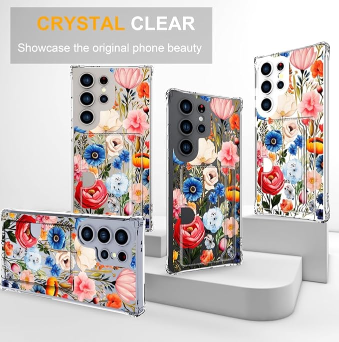 Compatible with Samsung Galaxy S24 Ultra Case Card Holder for Women Cute Design,Wallet Phone Cases Transparent Cool Kawaii Protective (Clear Flower Art Rose Peony)