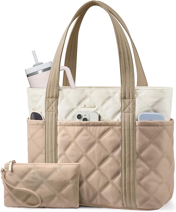 LOVEVOOK Puffer Tote Bag for Women, Puffy Work Handbag with Cup Holder, Travel Carry On Bag with Zipper for Teacher Nurse Gym