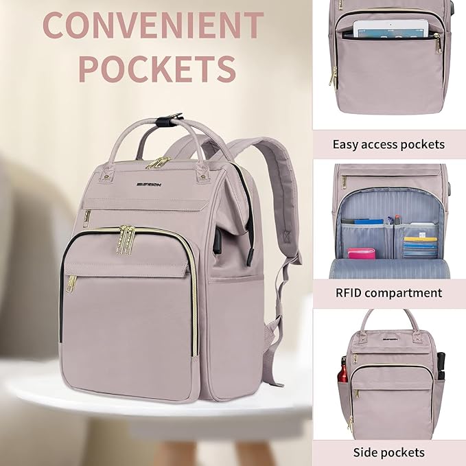 EMPSIGN 15.6 Inch Laptop Backpack for Women, Computer Travel Business Work Bag, Water Repellent College Casual Daypack with USB Port, Dusty Pink