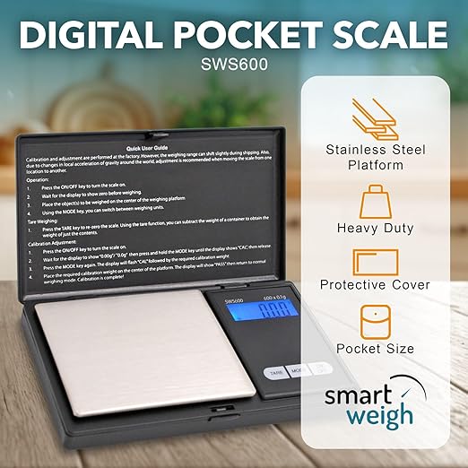Smart Weigh SWS600 Elite 600g x 0.1g Digital Gram Scale, Pocket Sized Jewelry, Nutrition Kitchen, and School Scale, Slim Design, Black