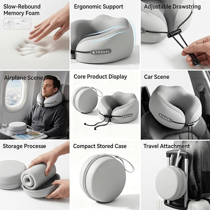 Travel Neck Pillow with Storage Case, 100% Pure Memory Foam, Airplane Head Support for Flight Sleeping, Portable, Gray (Gray Matching)