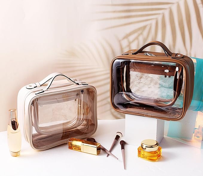 SANHECUN traveling toiletry case clear cosmetics case makeup bag Dimensions | LxWxH:10” x 4.5” x 7.5”(Brown, Medium)