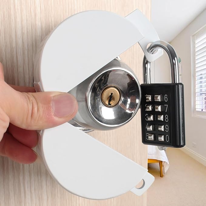 Door Knob Lock, Metal (White）Apply to Door Lockout Device，Prevents Turning of Door knob and Access to Keyhole, Door knob Child Proof Cover case Door Lock(with Padlock)