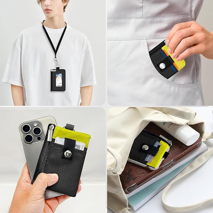 Minimalist RFID Blocking Small Wallet with ID Window,WaterResistant Zip Id Case Wallet with Lanyard Keychain for Cards,Cash,Travel,Women,Men (Black/Lemon Yellow)