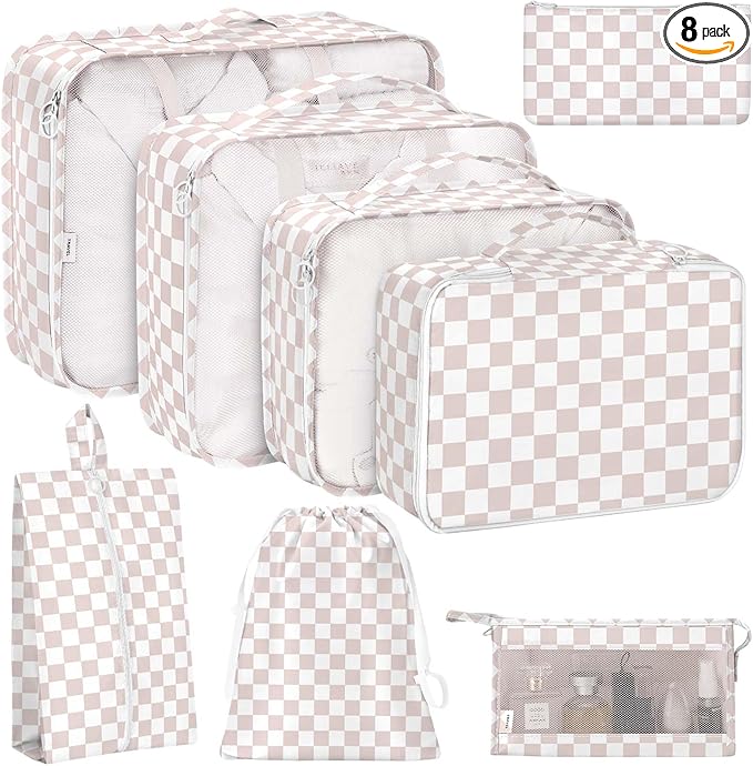 KPX 8 Set Packing Cubes for Travel, Luggage Packing Organizers Accessories Large Toiletries Bag for Clothes Shoes Cosmetics (8Set-Nude Pink Plaid)