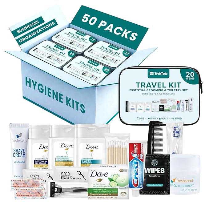TrekTote 20 Piece Hygiene Kit Bulk, Travel Size Toiletries Set, Care Package Supplies, Mini Deodorant Shampoo Body Wash Toothbrush Toothpaste Razor Kit, TSA Approved, Clear Bag