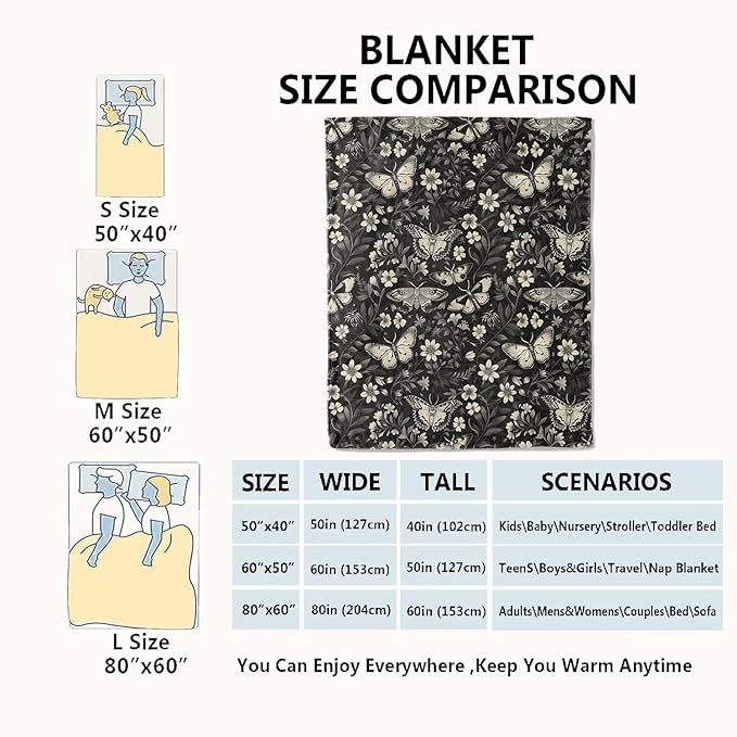 Moth Blanket Classic Vintage Goth Throw Blankets Gifts for Women Lightweight Soft Fleece Cozy for Halloween Sofa Couch Bed Room Travel Birthday Decor Black White Floral Flower Design 50x60in