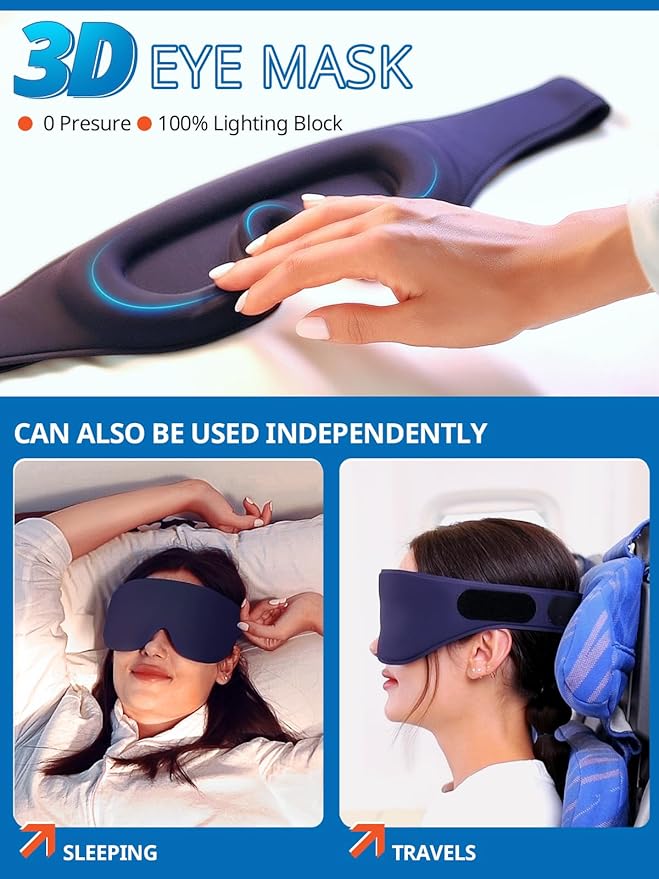 SARISUN Airplane Head Strap 3D Eye Mask, Travel Pillow Alternative for Long Flight, 360° Support Sleep Head Hold, Stop Bobblehead, Ultra-Compact Lightweight Travel Essentials, Black