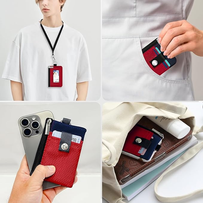 Minimalist RFID Blocking Small Wallet with ID Window,WaterResistant Zip Id Case Wallet with Lanyard Keychain for Cards,Cash,Travel,Women,Men (Red/Dark blue)