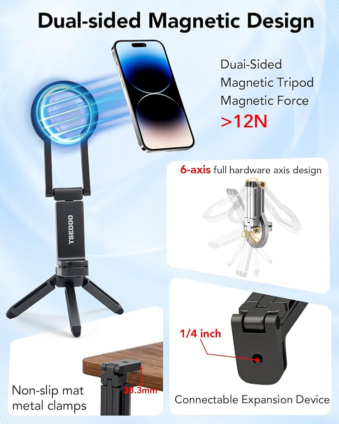 Magnetic Tripod for iPhone - Foldable Mini Pocket Phone Stand, Portable Selfie Stick Handle Grip with 360°, Airplane Travel Essentials, Phone Holders for Your Car and Gym (Grey)