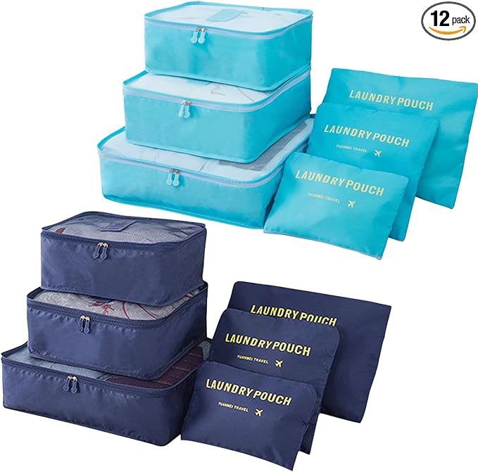 12 Set Packing Cubes for Travel Luggage Packing Bags Reusable Waterproof Suitcase Organizer Bags Set with Shoe Bag and Toiletry Bag (Sky Blue+Navy Blue)
