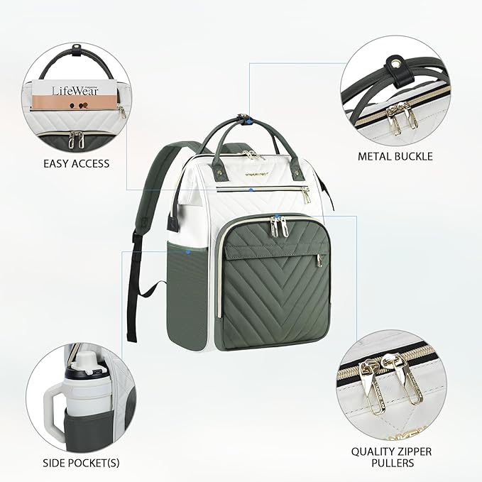 VANKEAN 17 Inch Laptop Backpack for Women Fashion Computer Work Bag, Large Capacity Waterproof Backpack, College Daypack Business Travel, Beige-Army green