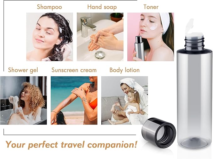 ZEJIA 150ML/5OZ Travel Size Toiletries, 3 Pack Travel Size Containers, Leak Proof Plastic Bottles for Shampoo, Lotion, Body Wash with 6pcs Labels