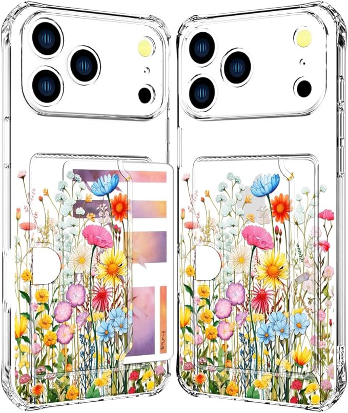 Compatible with iPhone 17 Pro Max Case Card Holder for Women Cute Design,Wallet Phone Cases Transparent Cool Kawaii Protective (Clear Flowers Herbs Wild Plants)
