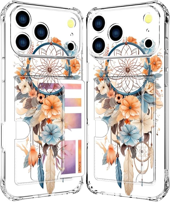 Compatible with iPhone 17 Pro Case Card Holder for Women Cute Design,Wallet Phone Cases Transparent Cool Kawaii Protective (Clear Dreamcatcher Dream Cather)