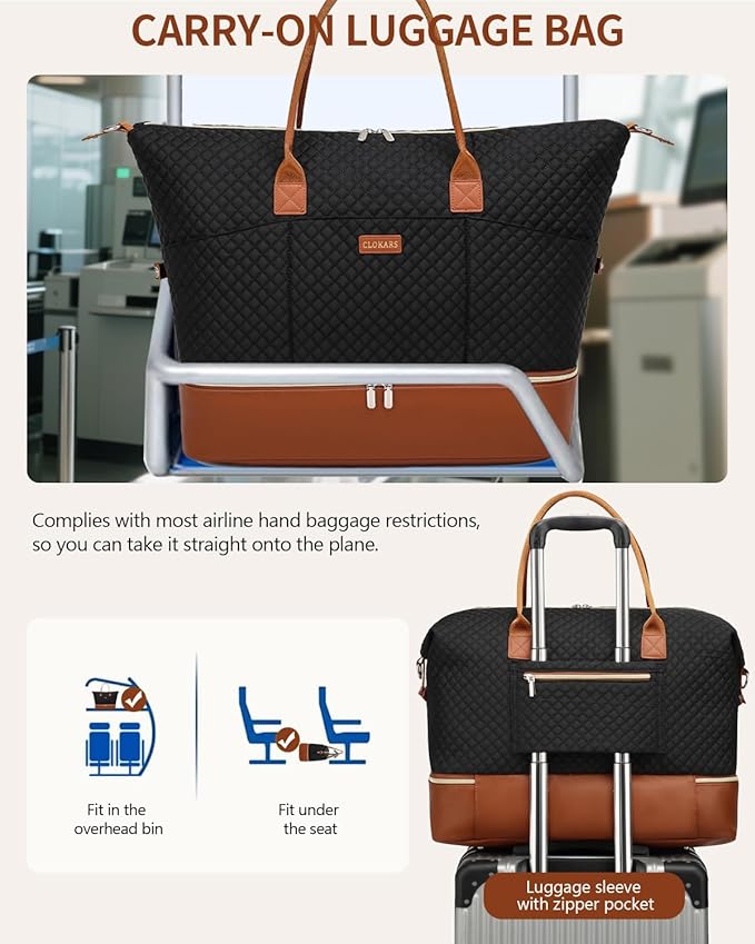 Travel Bag for Women, Weekender Bags Large Carry On Overnight Bag Duffel with Separate Shoes Compartment & Strap, Hospital Bags for Labor and Delivery, Black Brown