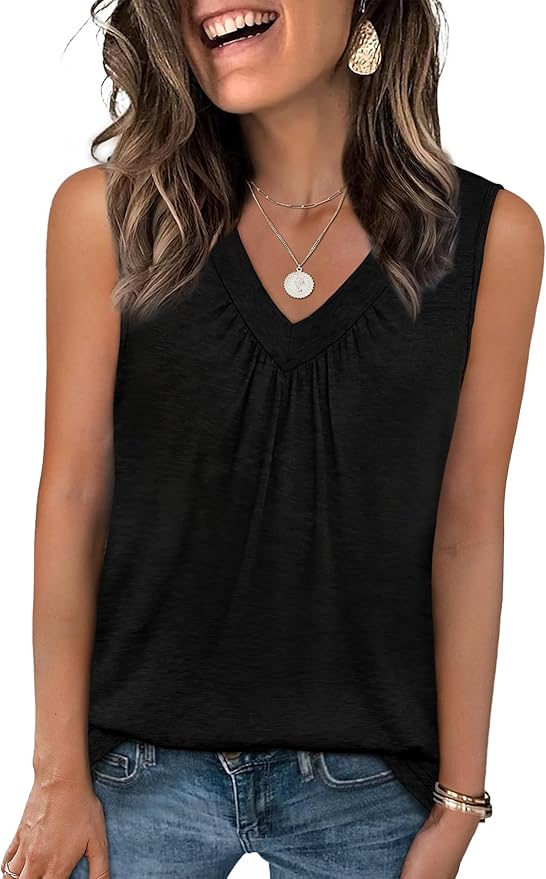 OFEEFAN Tank Top for Women Loose Fit Sleeveless Shirts V Neck Summer Clothes Ruched Women's Tees and Tanks Curved Hem