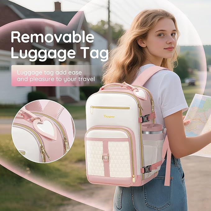 Taygeer Kids Travel Backpack for Airplane, Small Travel Backpack for Girls with Luggage Tags & Water Bottle Pocket, Underseat TSA Approved Airline Personal Item Bag for Women Teens Girls School, Pink