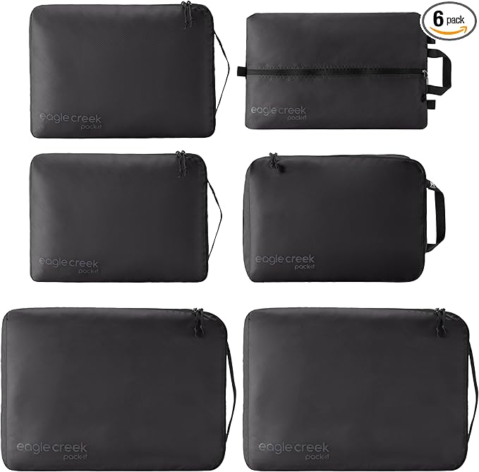 Eagle Creek Pack-It Isolate Extended Stay Set - Includes Shoe Sack, M Clean/Dirty Cube, 2x M Isolate Cube & 2x L - Travel Essentials - Black
