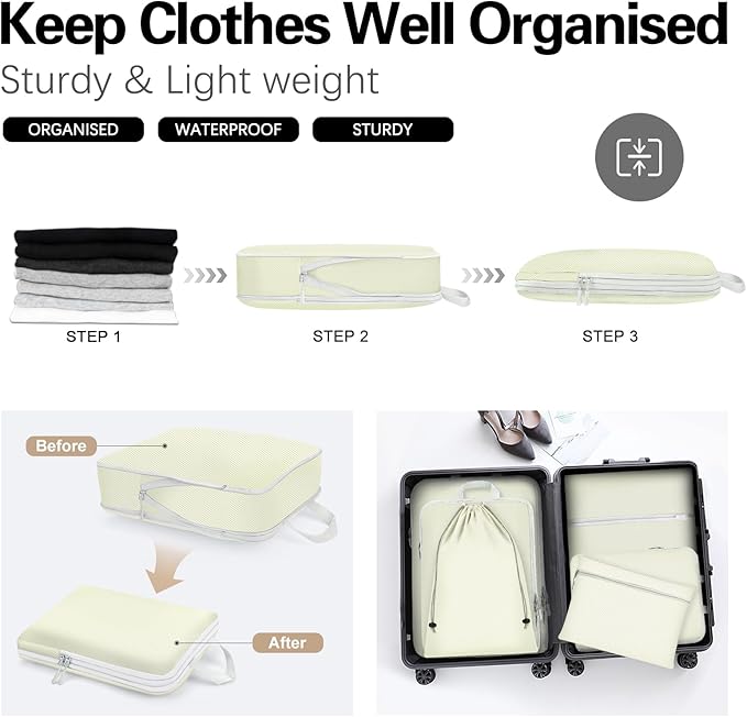 Compression Packing Cubes for Travel,Waterproof Packing Compression Cubes for Travel Packing Organizers,Luggage Cubes for Packing,Ultralight Expandable Packing Cubes Compression (Beige 9 Pack)