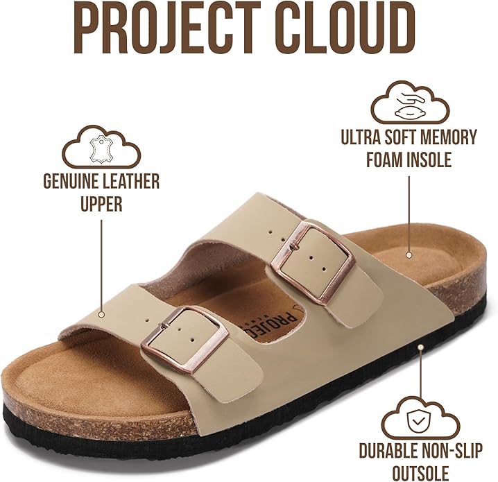 Project Cloud 100% Genuine Leather Flat Sandals For Women 2026 Cork Footbed Womens Sandals with Memory Foam and arch support Vacation Essentials Slides for Women Footwear (Venita)