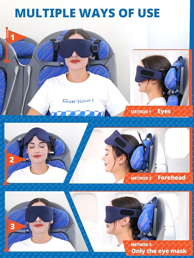 SARISUN Airplane Head Strap 3D Eye Mask, Travel Pillow Alternative for Long Flight, 360° Support Sleep Head Hold, Stop Bobblehead, Ultra-Compact Lightweight Travel Essentials, Black