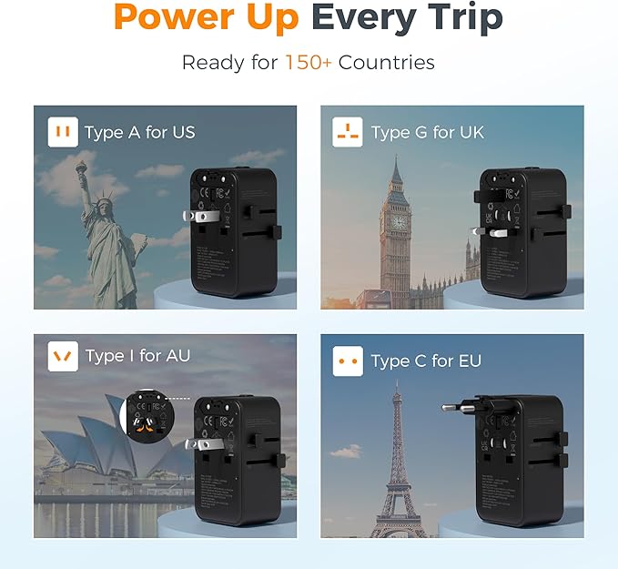 TESSAN International Power Adapter PD 25W, Ultra Thin Universal Travel Adapter, Worldwide Outlet Plug with 2 USB A 2 USB C for US to European UK Australia Ireland (Type C G A I) Black