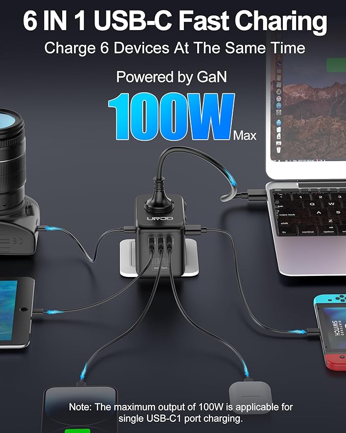 Universal Travel Adapter 100W GaN Fast Charger in One, 5 USB Ports & 2500W AC Outlet, International Power Adapter for Europe UK US 200+ Countries, Compatible for MacBook iPhone iPads Laptop Phone