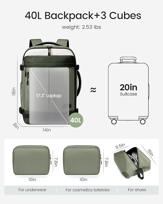 LOVEVOOK 40L Travel Backpack for Women, Airline Approved Carry On Luggage with 3 Cubes Accessories, TSA Personal Item Travel Cruise Essentials, Waterproof Weekender Overnight Bags fits 17" Laptop