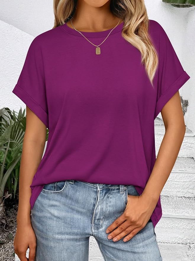 AUTOMET Women's Oversized Short Sleeve T Shirts Casual Drop Shoulder Rolled Cuff Summer Tops for Work, Travel and Lounge