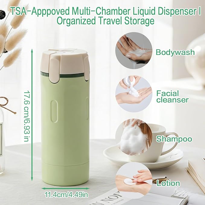 4 in 1 Travel Dispenser Bottle Set, Leakproof TSA Travel Size Containers for Toiletries, Portable Refillable Bottles, Hard Shell Rotating Design with Scale and Labels (Green, 4 Pack) (1, White)