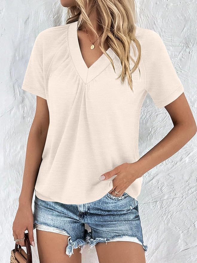 AUTOMET Womens Tops Short Sleeve V Neck T Shirts 2026 Summer Spring Beach Vacation Clothes Casual Loose Ruched Top
