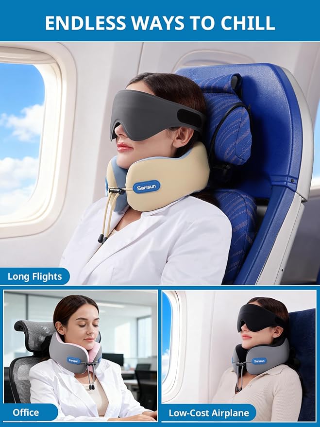 SARISUN Neck Pillow, Real Neck Support Travel Pillow with Strap, Combo with 3D Eye Mask for Sleep, Dual-Density Supportive Foam Neck Pillow for Airplane Flights, Car Road Trip Travel Essentials Gray