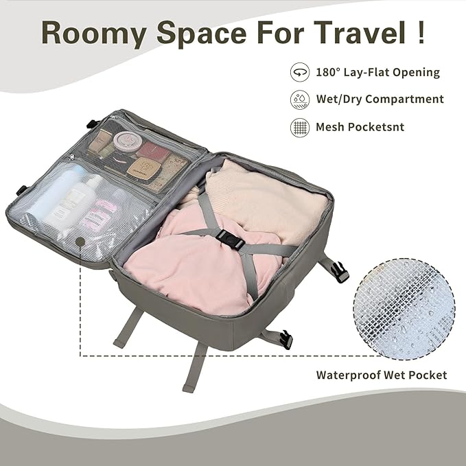 Carry On Backpack for Women & Men – Airline Approved Underseat Size, 15.6" Laptop Compartment, TSA-Friendly 180° Opening, Anti-Theft Business Travel Backpack with Trolley Sleeve (Dark Gray, Large)