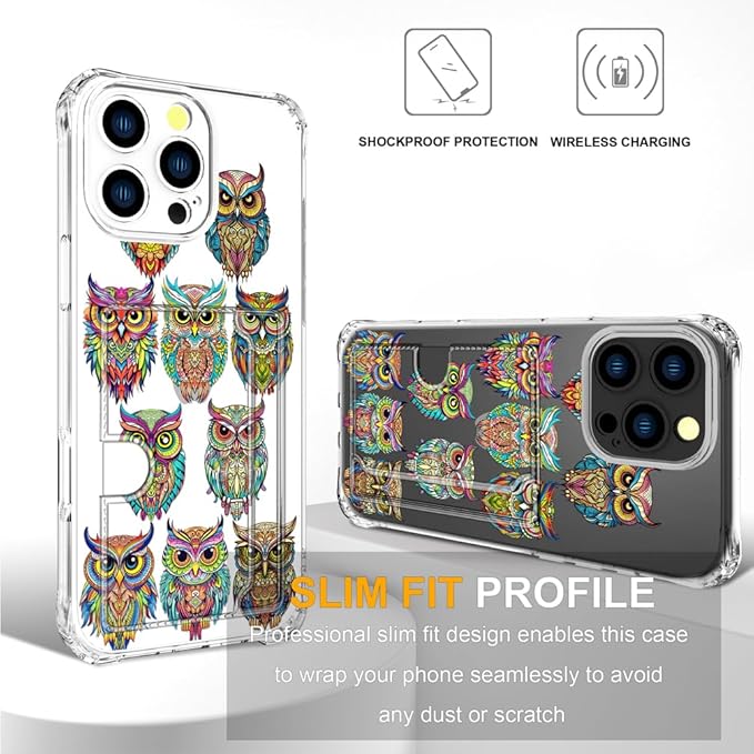 Compatible with iPhone 16 Pro Max Case Card Holder for Women Cute Design,Wallet Phone Cases Transparent Cool Kawaii Protective (Clear Colorful Owls Cartoon)