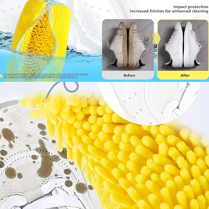 Shoe Washing Machine Bag 2 Pack with YKK Anti-Back Zipper, 360° Deep Clean Chenille Microfiber Shoe Laundry Bags for Washer & Dryer, Reusable Sneaker Washing Bag, Yellow