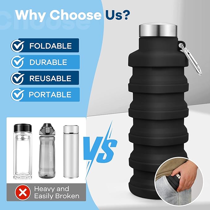 Collapsible Water Bottles, 17oz Portable Leak-Proof Travel Water Bottle, Reusable BPA Free Silicone Foldable Water Bottle with Carabiner for Gym, Traveling, Camping, Hiking, Sports-Blue
