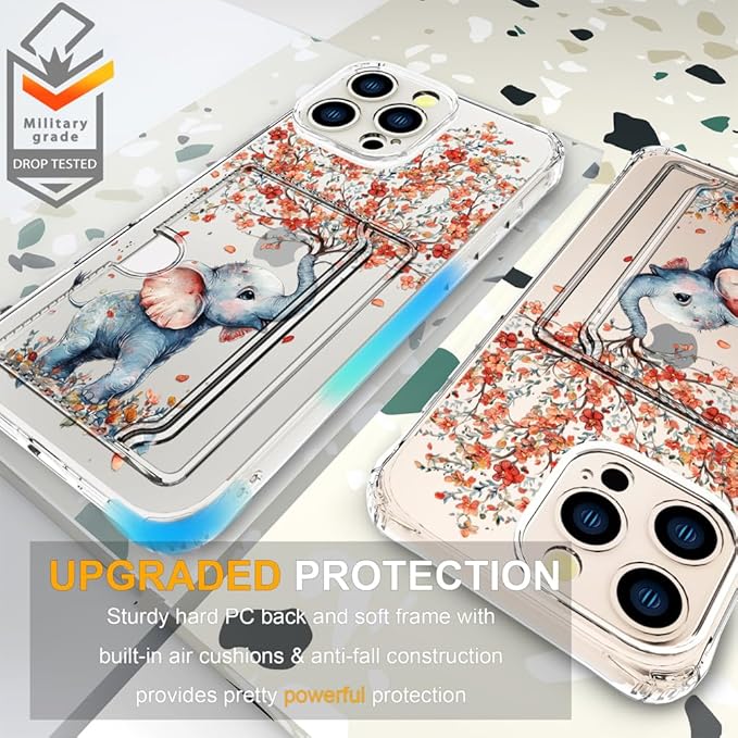 Compatible with iPhone 16 Pro Case Card Holder for Women Cute Design,Wallet Phone Cases Transparent Cool Kawaii Protective (Clear Elephant Creating Flowers)