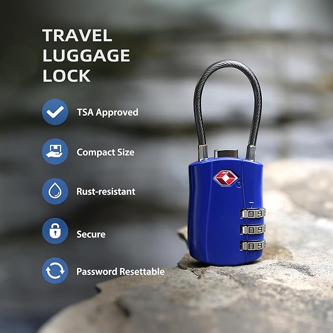 TSA Locks for Luggage, Small Padlock Combination with Cable, Luggage Locks TSA Approved, Combo Padlock with Code, for Travel Suitcase, Gym Locker, Gun Case, Backpack Zipper (Black+Blue)